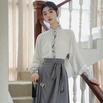 【WUJIAシリーズ】チャイナ風長袖シャツ トップス 漢元素 夏服 気質アップ S M L 切り替え