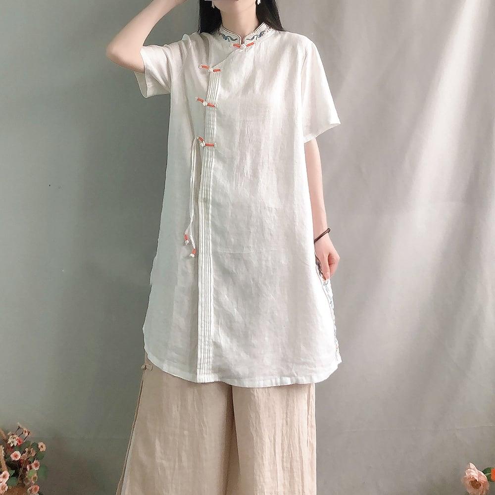 【幸福紀シリーズ】★チャイナ風シャツ★ 4COLOR ロングシャツ 民族風 ブルー ホワイト ピンク イエロー - ChinChic