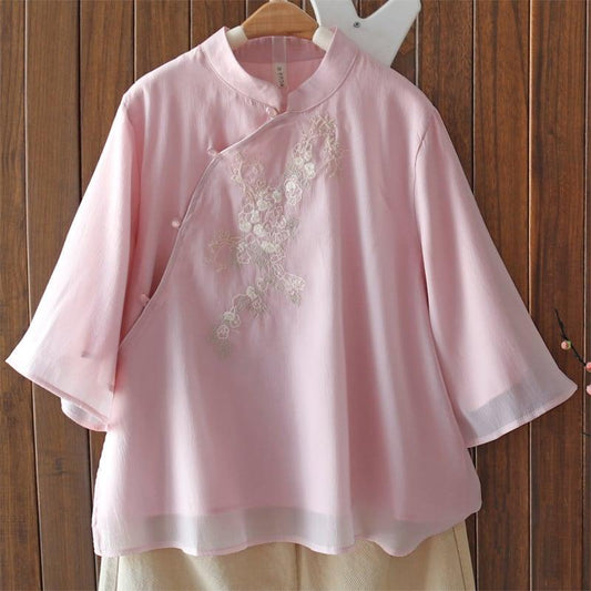 【清裊シリーズ】★チャイナ風トップス★ 刺繍 4COLOR 夏服 シャツ 中華服 改良唐装 気質アップ 可愛い - ChinChic