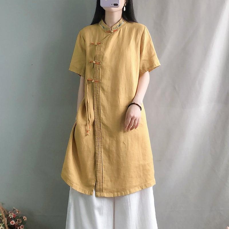 【幸福紀シリーズ】★チャイナ風シャツ★ 4COLOR ロングシャツ 民族風 ブルー ホワイト ピンク イエロー - ChinChic