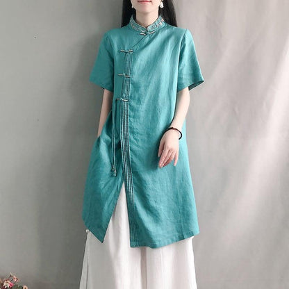 【幸福紀シリーズ】★チャイナ風シャツ★ 4COLOR ロングシャツ 民族風 ブルー ホワイト ピンク イエロー - ChinChic
