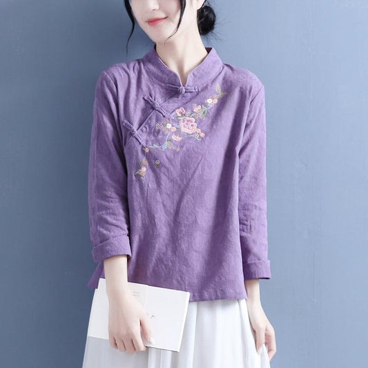 【清裊シリーズ】★チャイナ風トップス★ 4COLOR 刺繍トップス 着痩せ 中華服 ホワイト 青緑色 パープル ピンク - ChinChic