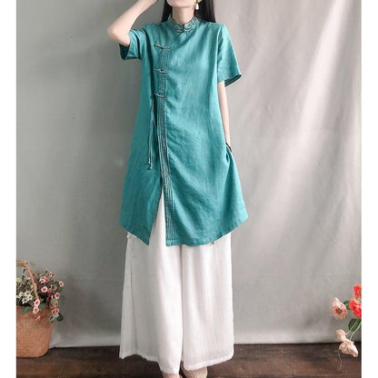 【幸福紀シリーズ】★チャイナ風シャツ★ 4COLOR ロングシャツ 民族風 ブルー ホワイト ピンク イエロー - ChinChic