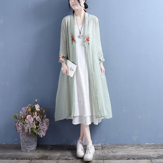 【清裊シリーズ】★チャイナ風アウター★ 4COLOR ロング丈法被 中華服 改良唐装 刺繍 グリーン ホワイト イエロー パープル - ChinChic