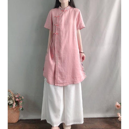 【幸福紀シリーズ】★チャイナ風シャツ★ 4COLOR ロングシャツ 民族風 ブルー ホワイト ピンク イエロー - ChinChic