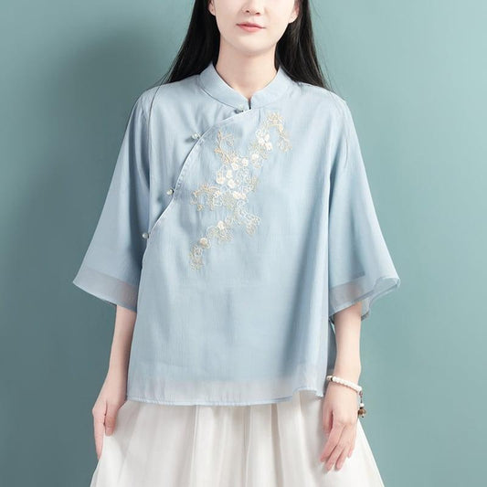 【清裊シリーズ】★チャイナ風トップス★ 4COLOR チャイナ風シャツ 中華服 夏服 中華服 唐装 青 白 ピンク - ChinChic