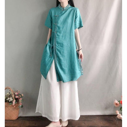 【幸福紀シリーズ】★チャイナ風シャツ★ 4COLOR ロングシャツ 民族風 ブルー ホワイト ピンク イエロー - ChinChic