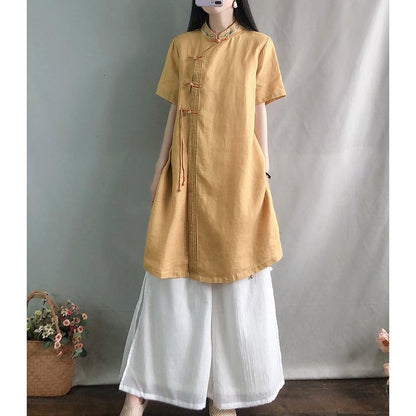 【幸福紀シリーズ】★チャイナ風シャツ★ 4COLOR ロングシャツ 民族風 ブルー ホワイト ピンク イエロー - ChinChic