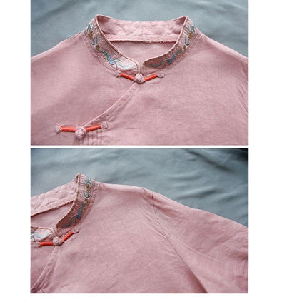 【幸福紀シリーズ】★チャイナ風シャツ★ 4COLOR ロングシャツ 民族風 ブルー ホワイト ピンク イエロー - ChinChic