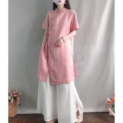 【幸福紀シリーズ】★チャイナ風シャツ★ 4COLOR ロングシャツ 民族風 ブルー ホワイト ピンク イエロー - ChinChic