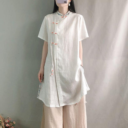 【幸福紀シリーズ】★チャイナ風シャツ★ 4COLOR ロングシャツ 民族風 ブルー ホワイト ピンク イエロー - ChinChic