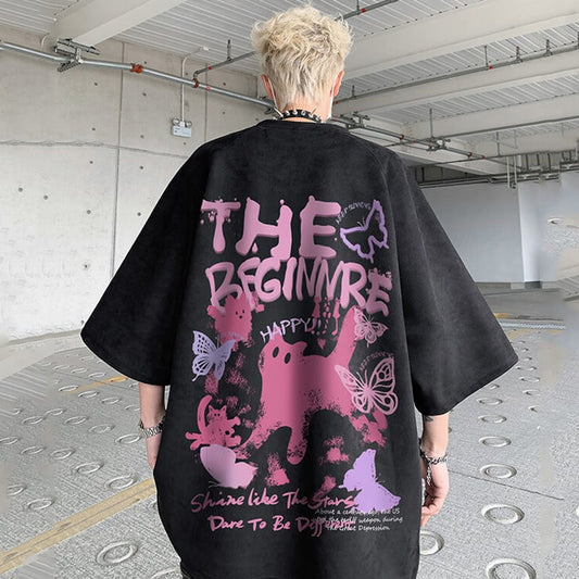 【CEXUリーズ】Tシャツ 半袖 男女兼用 大きいサイズ スエード 猫柄 4色展開 ブラック グレー