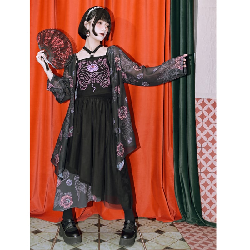 【古怪舍---花骨シリーズ】チャイナ風 スカート ボトムス 切り替え ブラック 花柄 ウエストゴム レディース ファッション
