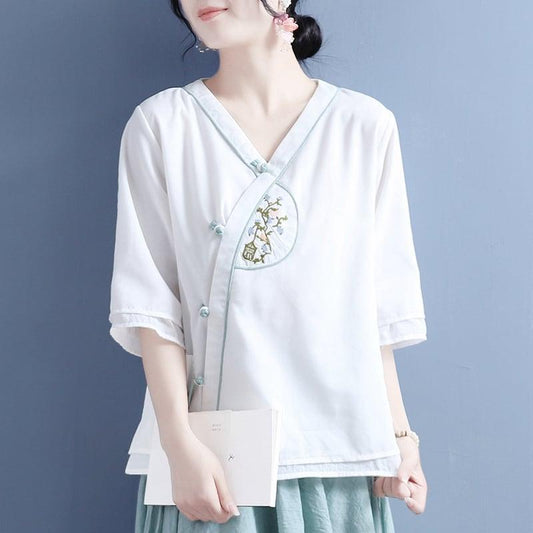 【清裊シリーズ】★チャイナ風シャツ★ 5カラー 中華服 Vネック 棉麻 レトロ 白 黄 紫 青緑色 ピンク 刺繍 - ChinChic