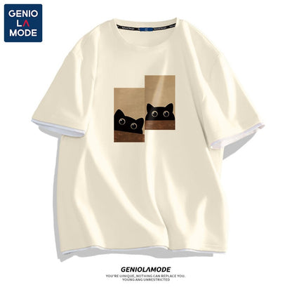 【GENIOLAMODEシリーズ】猫柄 半袖 Tシャツ 4色 メンズ・レディース兼用 大きいサイズ コットン トップス