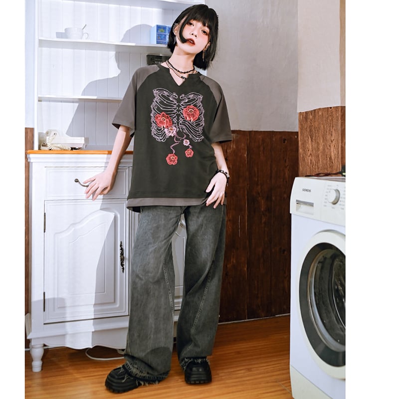【古怪舍---花骨シリーズ】チャイナ風 半袖 Tシャツ プリント 個性的 オリジナル Vネック コットン トップス
