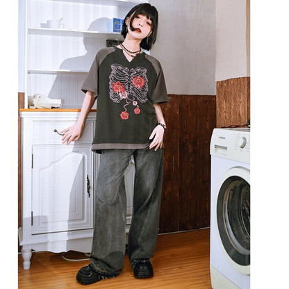 【古怪舍---花骨シリーズ】チャイナ風 半袖 Tシャツ プリント 個性的 オリジナル Vネック コットン トップス