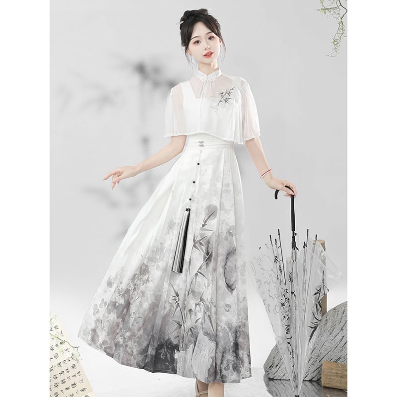 【停云落月---水墨寒江シリーズ】チャイナ風ワンピースセット 中華服 つりワンピース＋トップス 水墨柄