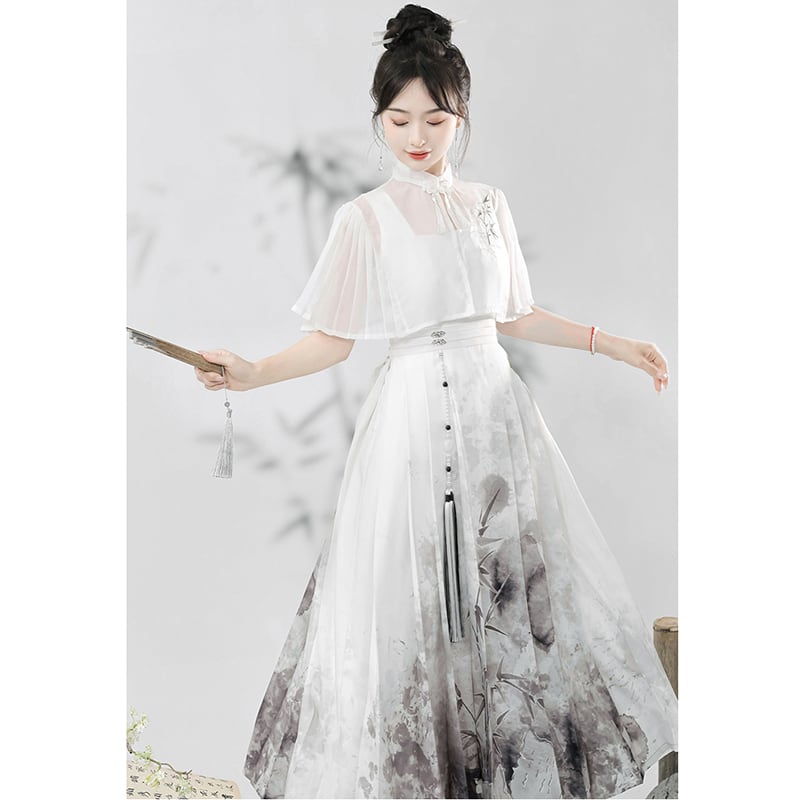 【停云落月---水墨寒江シリーズ】チャイナ風ワンピースセット 中華服 つりワンピース＋トップス 水墨柄