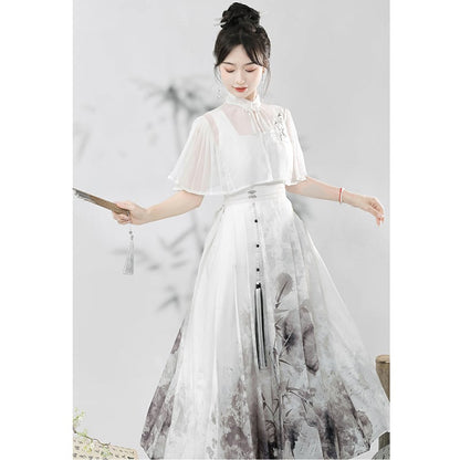【停云落月---水墨寒江シリーズ】チャイナ風ワンピースセット 中華服 つりワンピース＋トップス 水墨柄