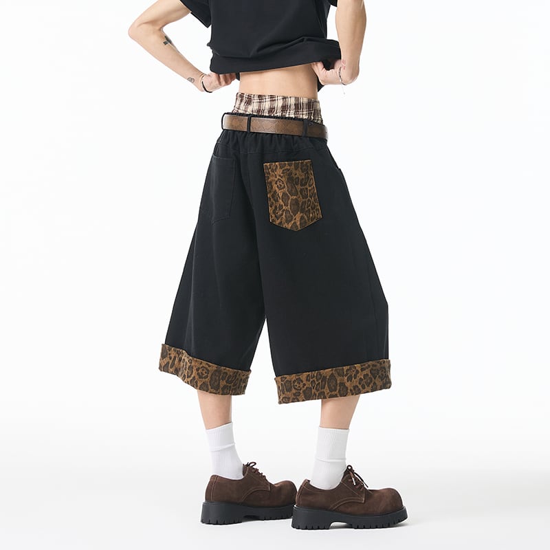 【KADISHOUシリーズ】デニムパンツ ズボン ボトムス 七分丈 男女兼用 メンズ 切り替え 豹柄 おしゃれ ファッション 2023