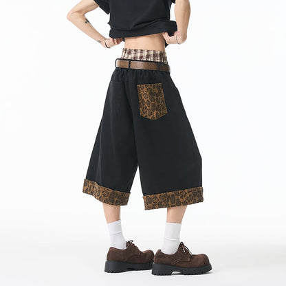 【KADISHOUシリーズ】デニムパンツ ズボン ボトムス 七分丈 男女兼用 メンズ 切り替え 豹柄 おしゃれ ファッション 2023