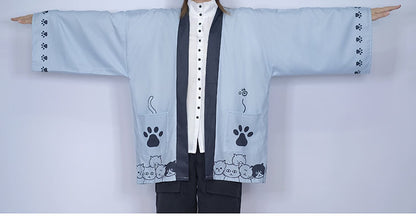 【倉寶兒屋シリーズ】チャイナ風法被 猫柄プリント 夏服 薄手 ブラック ライトグレー 2色