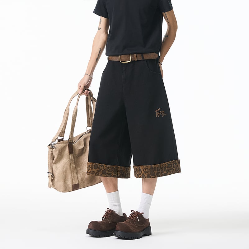 【KADISHOUシリーズ】デニムパンツ ズボン ボトムス 七分丈 男女兼用 メンズ 切り替え 豹柄 おしゃれ ファッション 2023