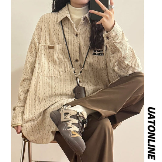 【UATONLINEシリーズ】長袖シャツ 男女兼用 コーデュロイ 縦縞 2色展開 トップス