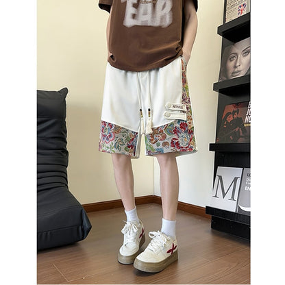 【ZHEYUANシリーズ】チャイナ風ズボン 3色 ボトムス ショートパンツ 男女兼用 大きいサイズ 花柄 切り替え