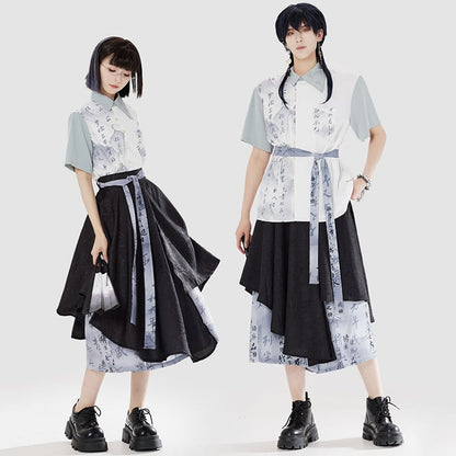 【卿棠---幽篁玉京シリーズ】チャイナ風 キュロットスカート カジュアル 切り替え ボトムス 男女兼用 メンズ 漢字柄