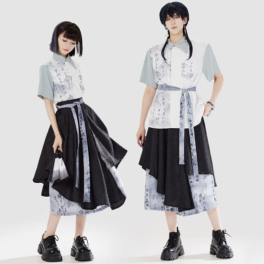 【卿棠---幽篁玉京シリーズ】チャイナ風 キュロットスカート カジュアル 切り替え ボトムス 男女兼用 メンズ 漢字柄