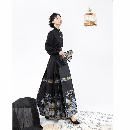 【喚初---明月松間照シリーズ】チャイナ風トップス 長袖 半袖 刺繍 中華服 シャツ 可愛い ブラック 黒色