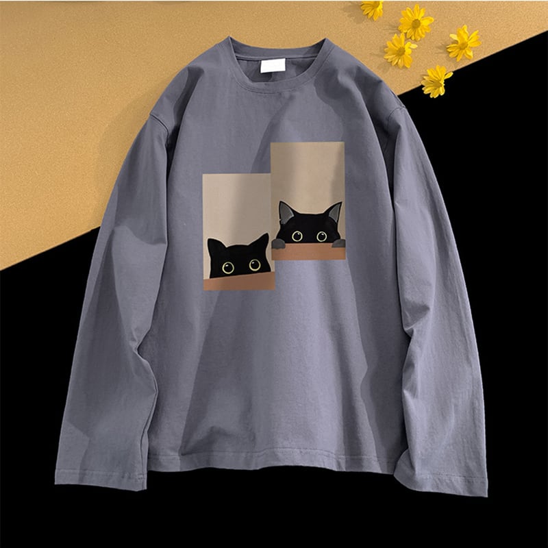 【SENSUシリーズ】長袖Tシャツ 男女兼用 大きいサイズ 5色 猫 プリント コットン