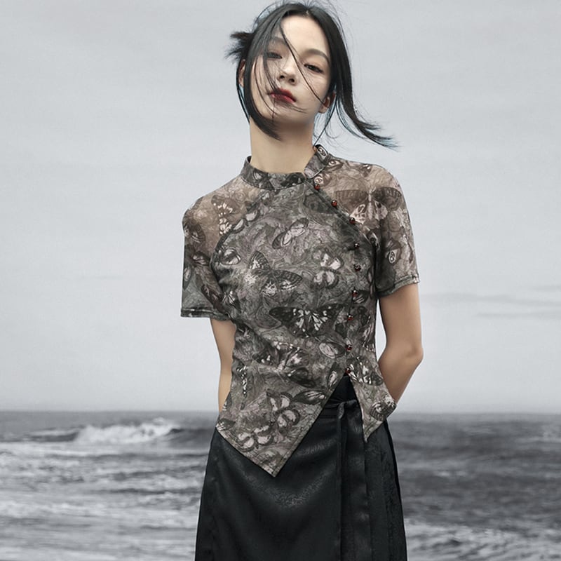 【大青龍肆シリーズ】チャイナ風 半袖トップス Tシャツ 蝶々柄 レトロデザイン 薄手 着痩せ 快適 ファッション