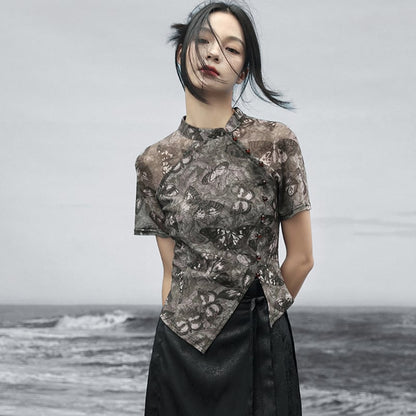 【大青龍肆シリーズ】チャイナ風 半袖トップス Tシャツ 蝶々柄 レトロデザイン 薄手 着痩せ 快適 ファッション