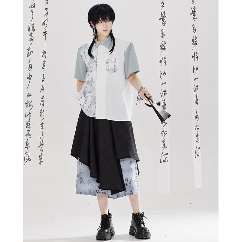 【卿棠---幽篁玉京シリーズ】チャイナ風 キュロットスカート カジュアル 切り替え ボトムス 男女兼用 メンズ 漢字柄