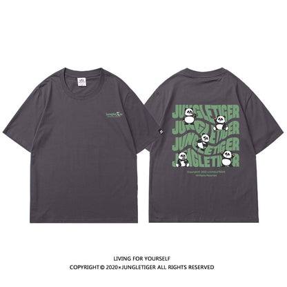 【JUNGLETIGERシリーズ】Tシャツ 5色 トップス 半袖 男女兼用 メンズ コットン 黒 白 灰 緑 パンダ