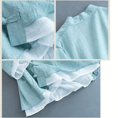 【清裊シリーズ】★チャイナ風トップス★ 5COLOR 法被 中華服 改良唐装 青緑色 ブルー ピンク ホワイト ネイビー - ChinChic