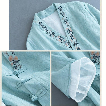 【清裊シリーズ】★チャイナ風トップス★ 5COLOR 法被 中華服 改良唐装 青緑色 ブルー ピンク ホワイト ネイビー - ChinChic