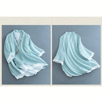 【清裊シリーズ】★チャイナ風トップス★ 5COLOR 法被 中華服 改良唐装 青緑色 ブルー ピンク ホワイト ネイビー - ChinChic