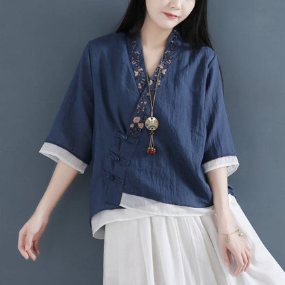 【清裊シリーズ】★チャイナ風トップス★ 5COLOR 法被 中華服 改良唐装 青緑色 ブルー ピンク ホワイト ネイビー - ChinChic