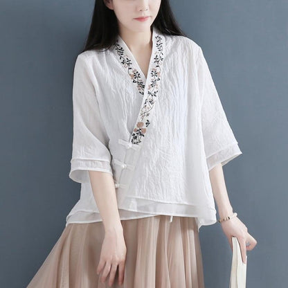【清裊シリーズ】★チャイナ風トップス★ 5COLOR 法被 中華服 改良唐装 青緑色 ブルー ピンク ホワイト ネイビー - ChinChic