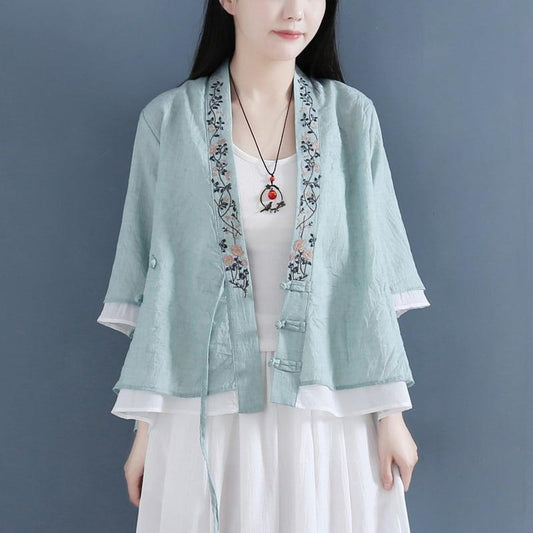 【清裊シリーズ】★チャイナ風トップス★ 5COLOR 法被 中華服 改良唐装 青緑色 ブルー ピンク ホワイト ネイビー - ChinChic