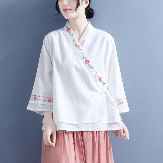 【清裊シリーズ】★チャイナ風シャツ★ トップス 5COLOR 白 ピンク 青 紫 青緑色 Vネック 刺繍入り 九分袖 - ChinChic
