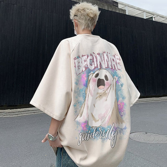 【KADISHOUシリーズ】カートゥーン 幽霊 スエード Tシャツ 男女兼用 大きいサイズ 4色 トップス