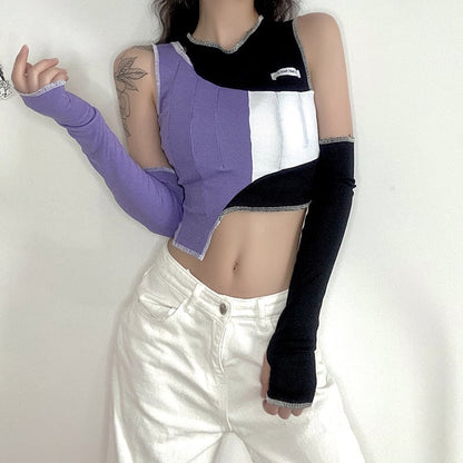 【KLIOUシリーズ】切り替えデザイン レディース Tシャツ おしゃれ セクシー ブラック パープル 不規則 トップス