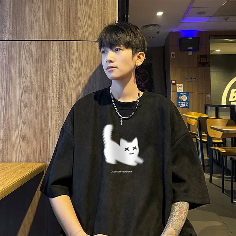 【NANSHIシリーズ】5色展開 Tシャツ 半袖 トップス 男女兼用 大きいサイズ スエード 猫柄 ねこ ネコ