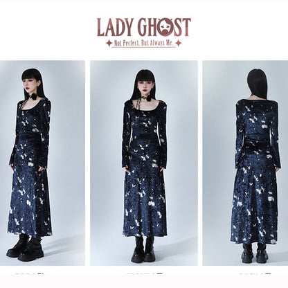 【LADYGHOSTシリーズ】チャイナ風 ベルベット 蝶々プリント ロング丈 長袖 ワンピース レディース 気質アップ 黒青色