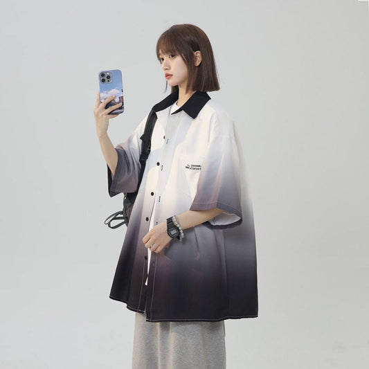 【藤伊曼シリーズ】チャイナ風トップス 半袖シャツ 男女兼用 大きいサイズ グラデーション 4色展開